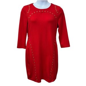 NWT Spense Dress Womens 12 Red Grommet Shift 3/4 Sleeve Exposed Zip Studded Knit